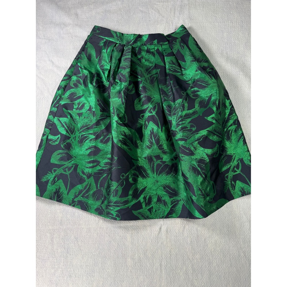 Eva Mendes NY&Co Green Navy FloralBrocade Pleated A-Line Skirt Metallic Sz 8 NWT